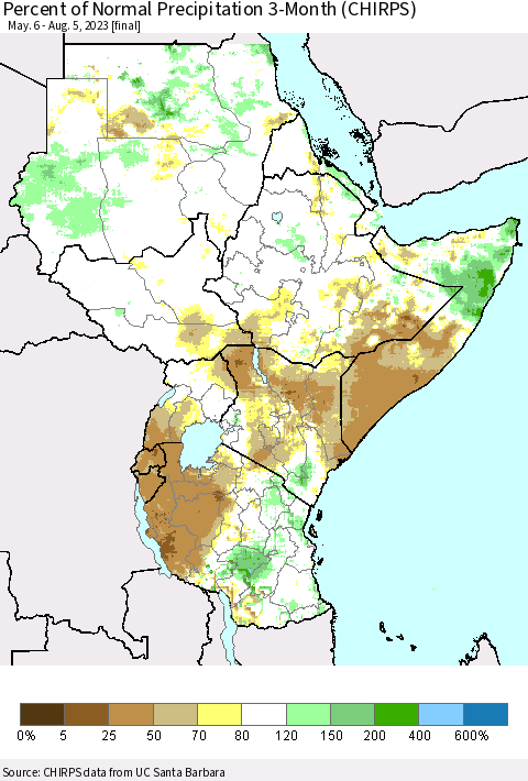 Eastern Africa Percent of Normal Precipitation 3-Month (CHIRPS) Thematic Map For 5/6/2023 - 8/5/2023