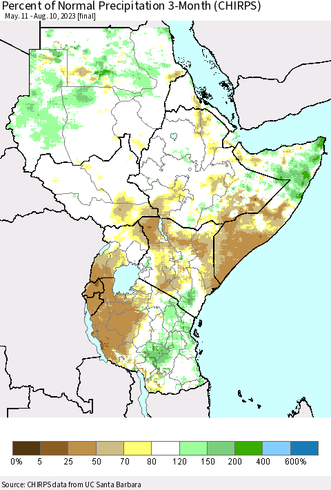 Eastern Africa Percent of Normal Precipitation 3-Month (CHIRPS) Thematic Map For 5/11/2023 - 8/10/2023