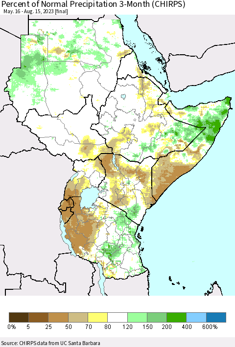 Eastern Africa Percent of Normal Precipitation 3-Month (CHIRPS) Thematic Map For 5/16/2023 - 8/15/2023