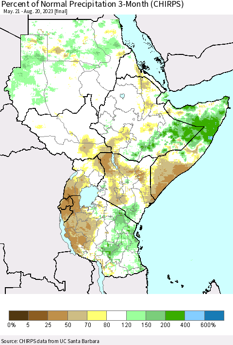 Eastern Africa Percent of Normal Precipitation 3-Month (CHIRPS) Thematic Map For 5/21/2023 - 8/20/2023