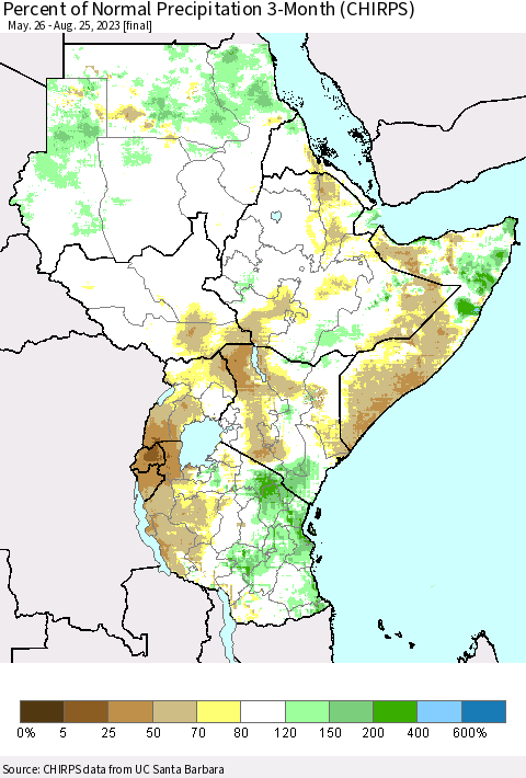 Eastern Africa Percent of Normal Precipitation 3-Month (CHIRPS) Thematic Map For 5/26/2023 - 8/25/2023
