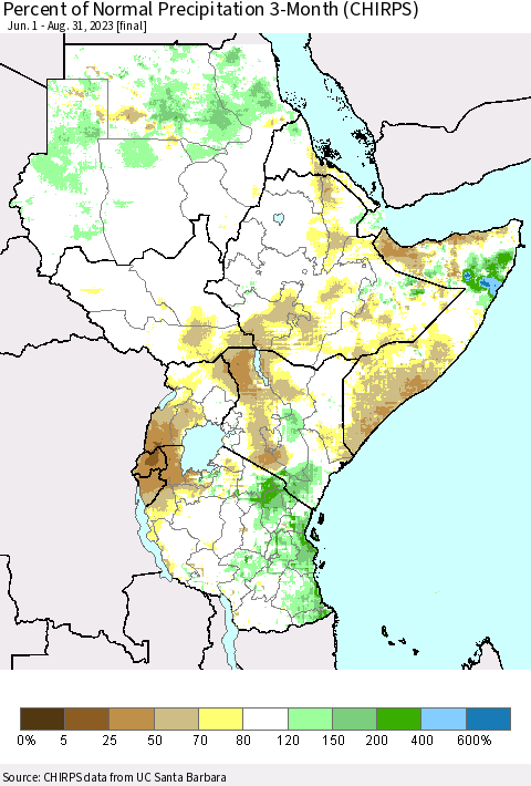 Eastern Africa Percent of Normal Precipitation 3-Month (CHIRPS) Thematic Map For 6/1/2023 - 8/31/2023