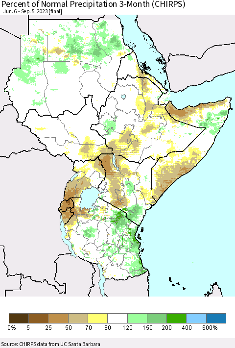 Eastern Africa Percent of Normal Precipitation 3-Month (CHIRPS) Thematic Map For 6/6/2023 - 9/5/2023