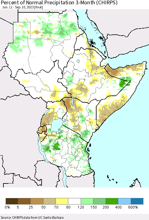 Eastern Africa Percent of Normal Precipitation 3-Month (CHIRPS) Thematic Map For 6/11/2023 - 9/10/2023