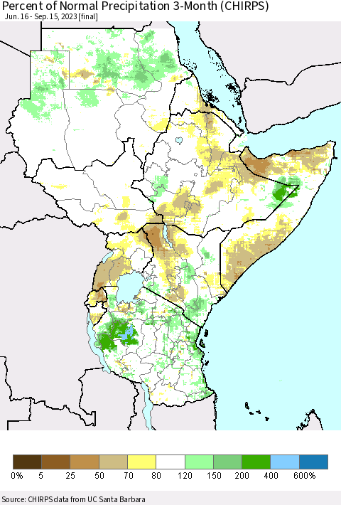 Eastern Africa Percent of Normal Precipitation 3-Month (CHIRPS) Thematic Map For 6/16/2023 - 9/15/2023