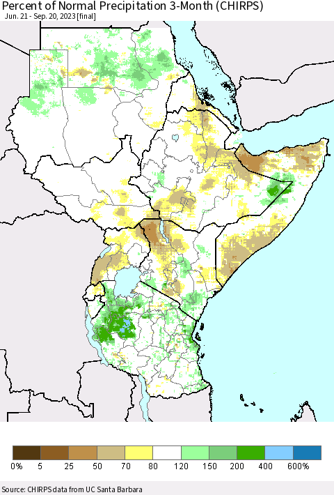 Eastern Africa Percent of Normal Precipitation 3-Month (CHIRPS) Thematic Map For 6/21/2023 - 9/20/2023