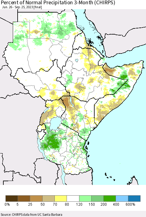 Eastern Africa Percent of Normal Precipitation 3-Month (CHIRPS) Thematic Map For 6/26/2023 - 9/25/2023