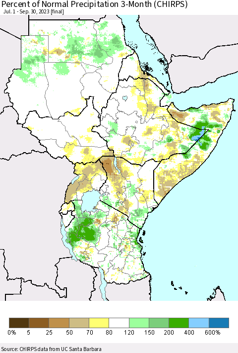Eastern Africa Percent of Normal Precipitation 3-Month (CHIRPS) Thematic Map For 7/1/2023 - 9/30/2023