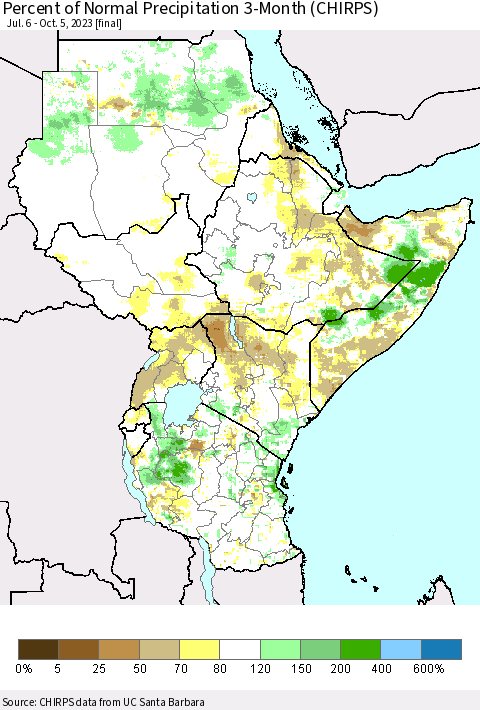 Eastern Africa Percent of Normal Precipitation 3-Month (CHIRPS) Thematic Map For 7/6/2023 - 10/5/2023