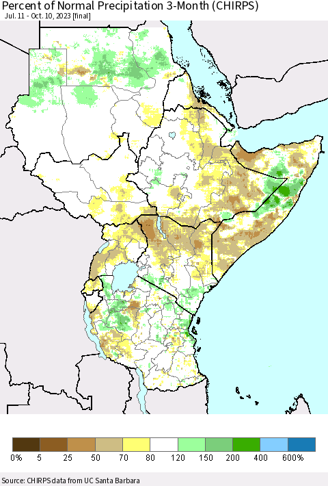 Eastern Africa Percent of Normal Precipitation 3-Month (CHIRPS) Thematic Map For 7/11/2023 - 10/10/2023
