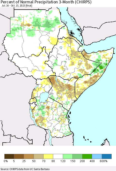 Eastern Africa Percent of Normal Precipitation 3-Month (CHIRPS) Thematic Map For 7/16/2023 - 10/15/2023