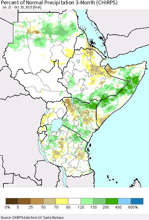Eastern Africa Percent of Normal Precipitation 3-Month (CHIRPS) Thematic Map For 7/21/2023 - 10/20/2023