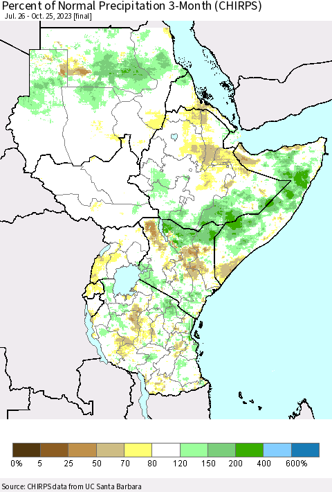 Eastern Africa Percent of Normal Precipitation 3-Month (CHIRPS) Thematic Map For 7/26/2023 - 10/25/2023