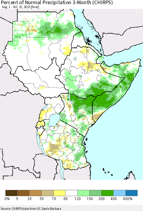 Eastern Africa Percent of Normal Precipitation 3-Month (CHIRPS) Thematic Map For 8/1/2023 - 10/31/2023