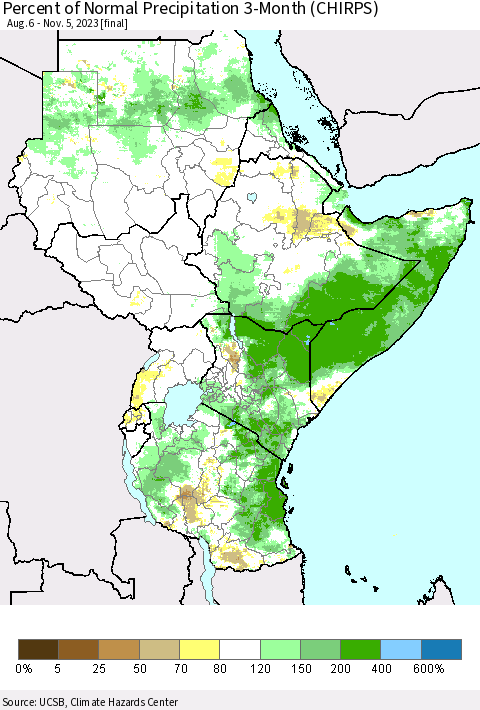 Eastern Africa Percent of Normal Precipitation 3-Month (CHIRPS) Thematic Map For 8/6/2023 - 11/5/2023
