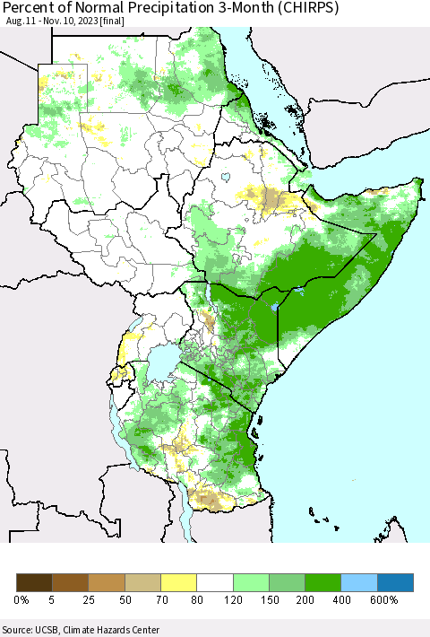 Eastern Africa Percent of Normal Precipitation 3-Month (CHIRPS) Thematic Map For 8/11/2023 - 11/10/2023