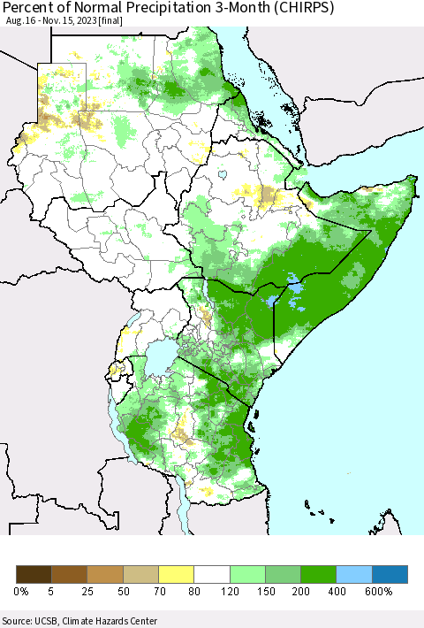 Eastern Africa Percent of Normal Precipitation 3-Month (CHIRPS) Thematic Map For 8/16/2023 - 11/15/2023