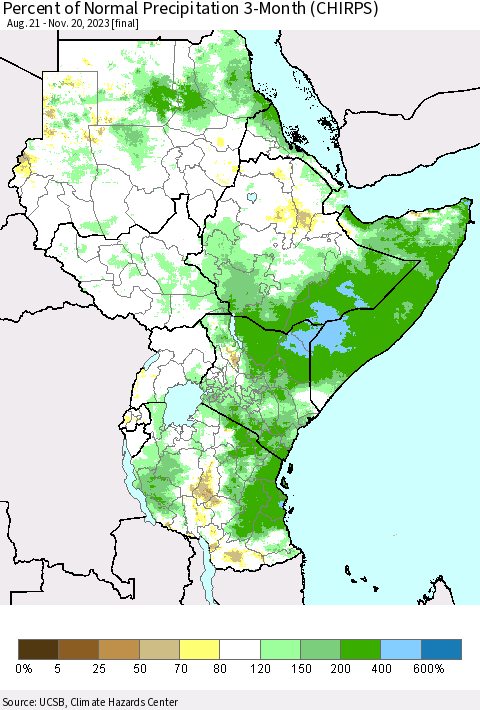 Eastern Africa Percent of Normal Precipitation 3-Month (CHIRPS) Thematic Map For 8/21/2023 - 11/20/2023
