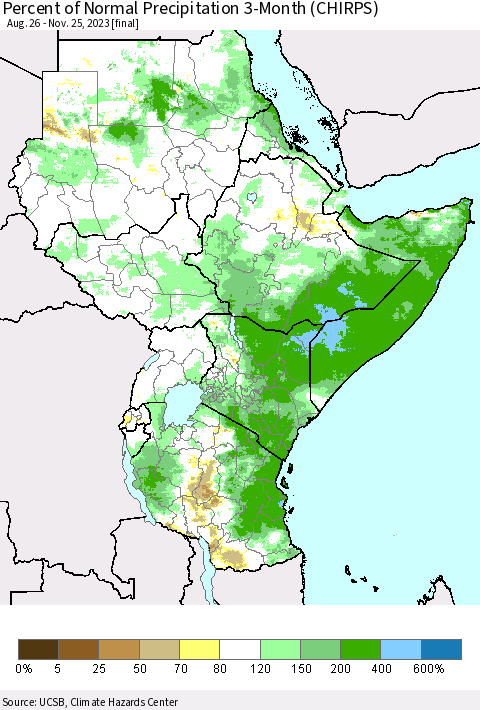 Eastern Africa Percent of Normal Precipitation 3-Month (CHIRPS) Thematic Map For 8/26/2023 - 11/25/2023