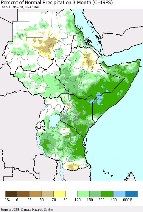 Eastern Africa Percent of Normal Precipitation 3-Month (CHIRPS) Thematic Map For 9/1/2023 - 11/30/2023
