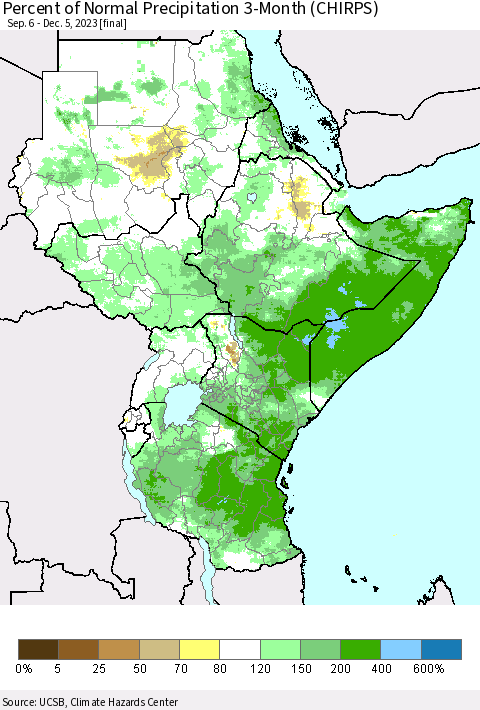 Eastern Africa Percent of Normal Precipitation 3-Month (CHIRPS) Thematic Map For 9/6/2023 - 12/5/2023