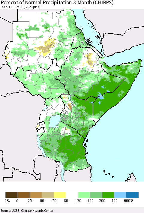Eastern Africa Percent of Normal Precipitation 3-Month (CHIRPS) Thematic Map For 9/11/2023 - 12/10/2023