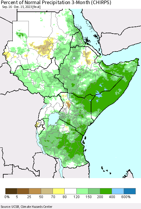 Eastern Africa Percent of Normal Precipitation 3-Month (CHIRPS) Thematic Map For 9/16/2023 - 12/15/2023