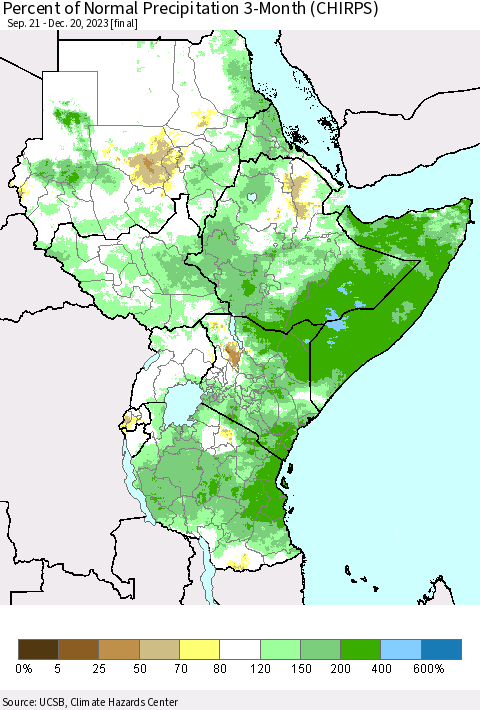 Eastern Africa Percent of Normal Precipitation 3-Month (CHIRPS) Thematic Map For 9/21/2023 - 12/20/2023