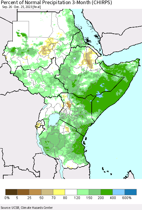 Eastern Africa Percent of Normal Precipitation 3-Month (CHIRPS) Thematic Map For 9/26/2023 - 12/25/2023