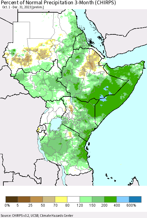 Eastern Africa Percent of Normal Precipitation 3-Month (CHIRPS) Thematic Map For 10/1/2023 - 12/31/2023
