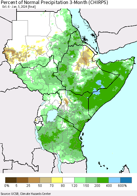 Eastern Africa Percent of Normal Precipitation 3-Month (CHIRPS) Thematic Map For 10/6/2023 - 1/5/2024