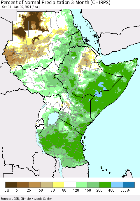 Eastern Africa Percent of Normal Precipitation 3-Month (CHIRPS) Thematic Map For 10/11/2023 - 1/10/2024