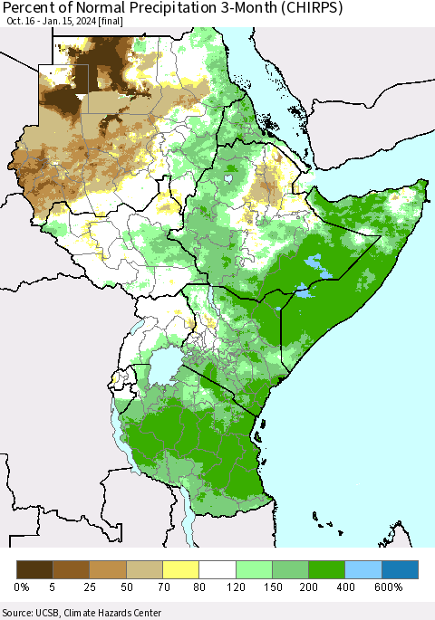 Eastern Africa Percent of Normal Precipitation 3-Month (CHIRPS) Thematic Map For 10/16/2023 - 1/15/2024