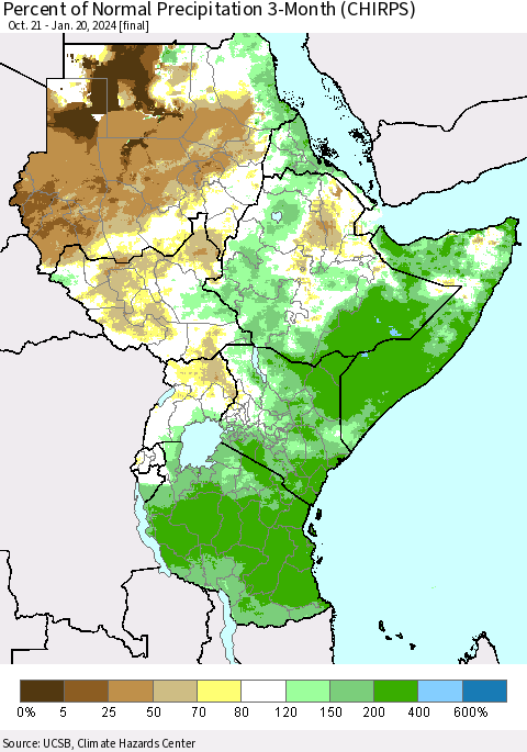 Eastern Africa Percent of Normal Precipitation 3-Month (CHIRPS) Thematic Map For 10/21/2023 - 1/20/2024