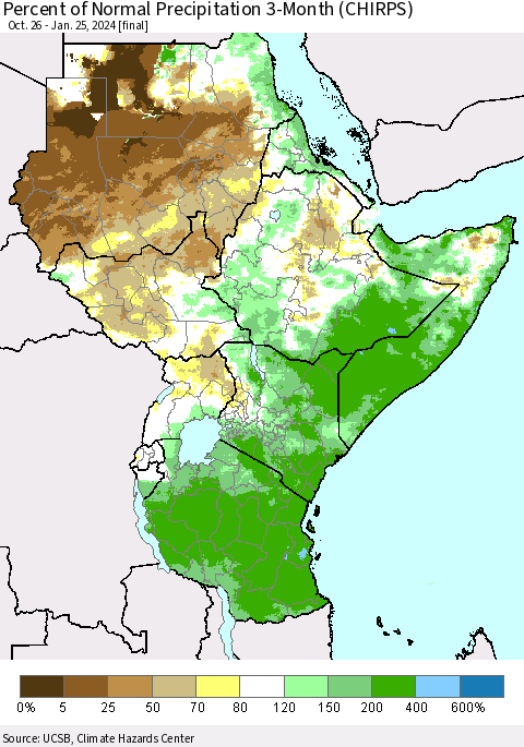 Eastern Africa Percent of Normal Precipitation 3-Month (CHIRPS) Thematic Map For 10/26/2023 - 1/25/2024