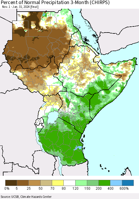 Eastern Africa Percent of Normal Precipitation 3-Month (CHIRPS) Thematic Map For 11/1/2023 - 1/31/2024