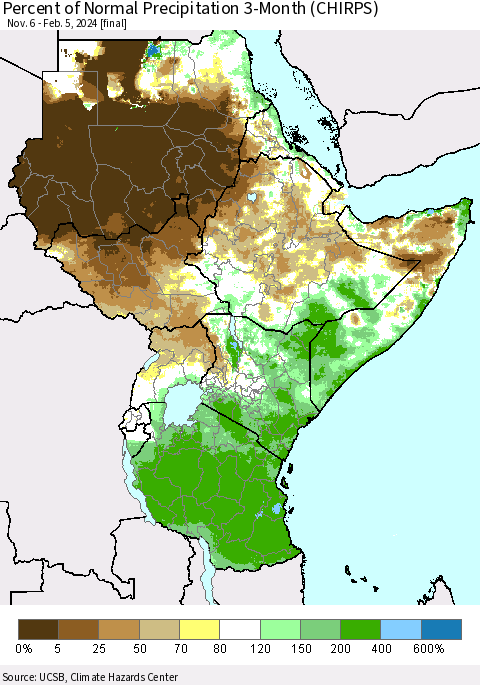 Eastern Africa Percent of Normal Precipitation 3-Month (CHIRPS) Thematic Map For 11/6/2023 - 2/5/2024