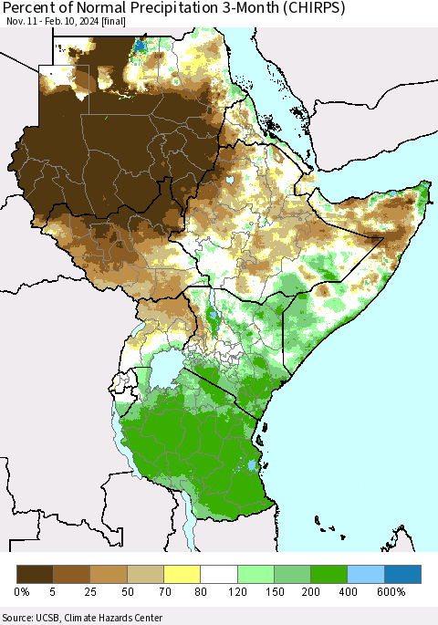 Eastern Africa Percent of Normal Precipitation 3-Month (CHIRPS) Thematic Map For 11/11/2023 - 2/10/2024