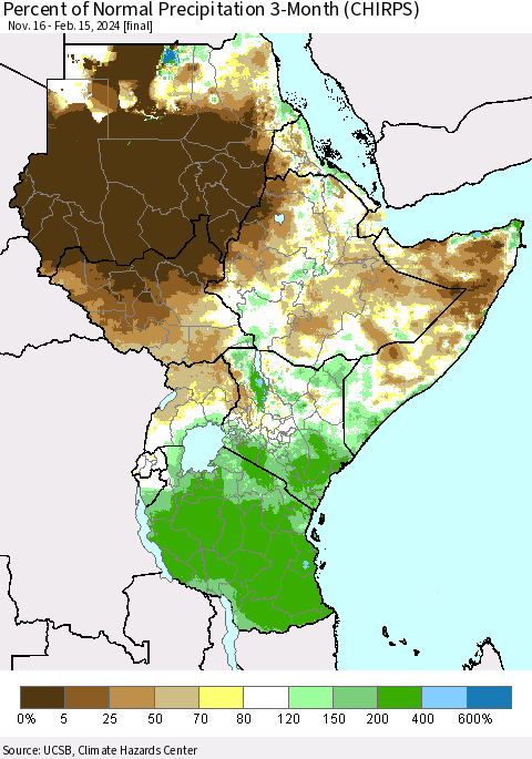 Eastern Africa Percent of Normal Precipitation 3-Month (CHIRPS) Thematic Map For 11/16/2023 - 2/15/2024