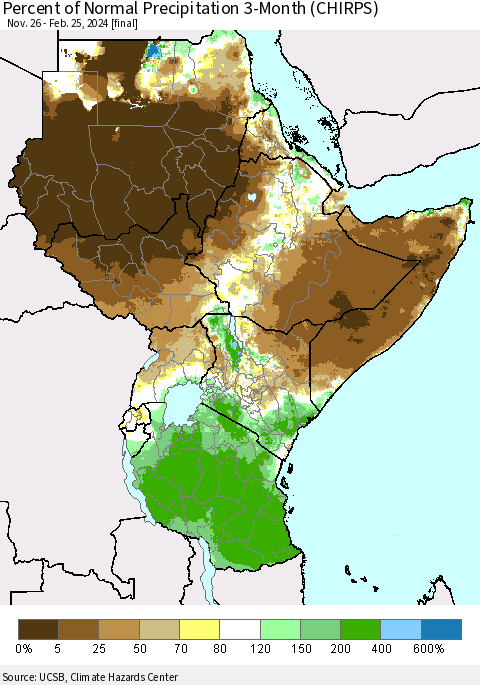 Eastern Africa Percent of Normal Precipitation 3-Month (CHIRPS) Thematic Map For 11/26/2023 - 2/25/2024