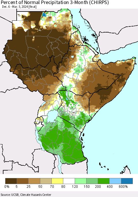 Eastern Africa Percent of Normal Precipitation 3-Month (CHIRPS) Thematic Map For 12/6/2023 - 3/5/2024