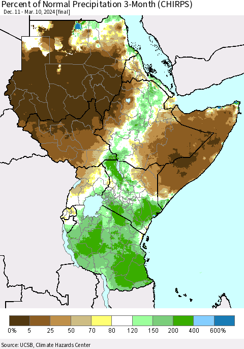Eastern Africa Percent of Normal Precipitation 3-Month (CHIRPS) Thematic Map For 12/11/2023 - 3/10/2024