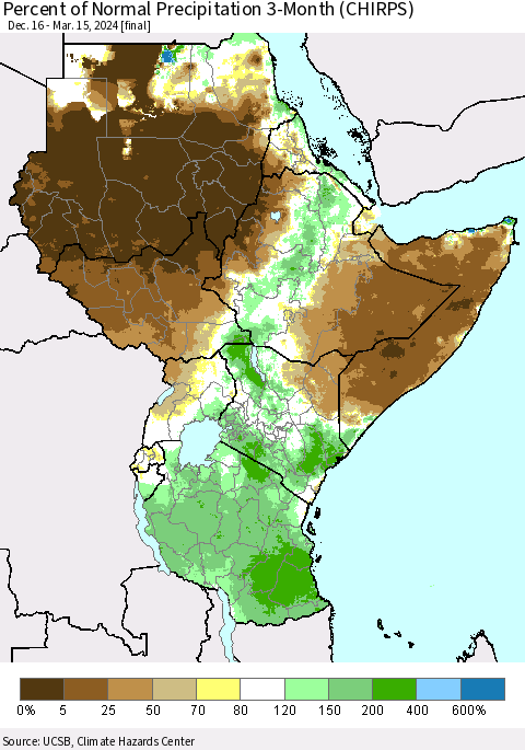 Eastern Africa Percent of Normal Precipitation 3-Month (CHIRPS) Thematic Map For 12/16/2023 - 3/15/2024