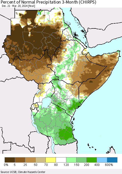 Eastern Africa Percent of Normal Precipitation 3-Month (CHIRPS) Thematic Map For 12/21/2023 - 3/20/2024