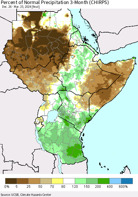 Eastern Africa Percent of Normal Precipitation 3-Month (CHIRPS) Thematic Map For 12/26/2023 - 3/25/2024
