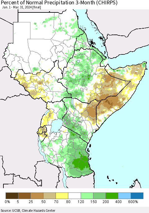 Eastern Africa Percent of Normal Precipitation 3-Month (CHIRPS) Thematic Map For 1/1/2024 - 3/31/2024