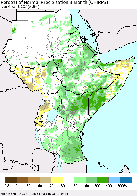 Eastern Africa Percent of Normal Precipitation 3-Month (CHIRPS) Thematic Map For 1/6/2024 - 4/5/2024