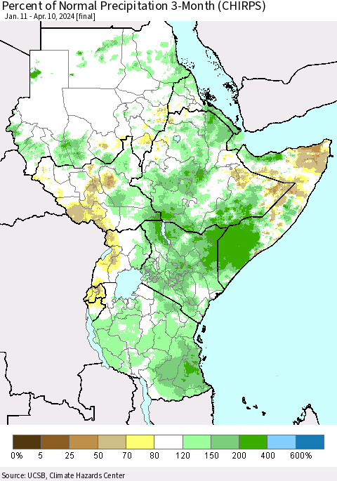 Eastern Africa Percent of Normal Precipitation 3-Month (CHIRPS) Thematic Map For 1/11/2024 - 4/10/2024