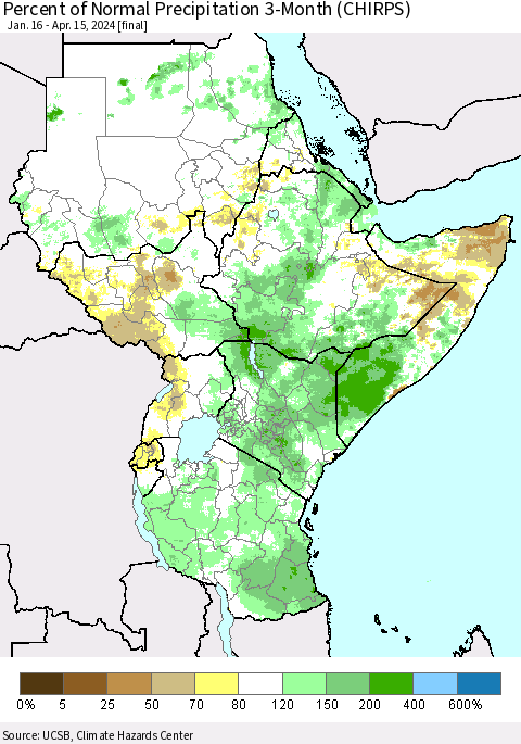 Eastern Africa Percent of Normal Precipitation 3-Month (CHIRPS) Thematic Map For 1/16/2024 - 4/15/2024