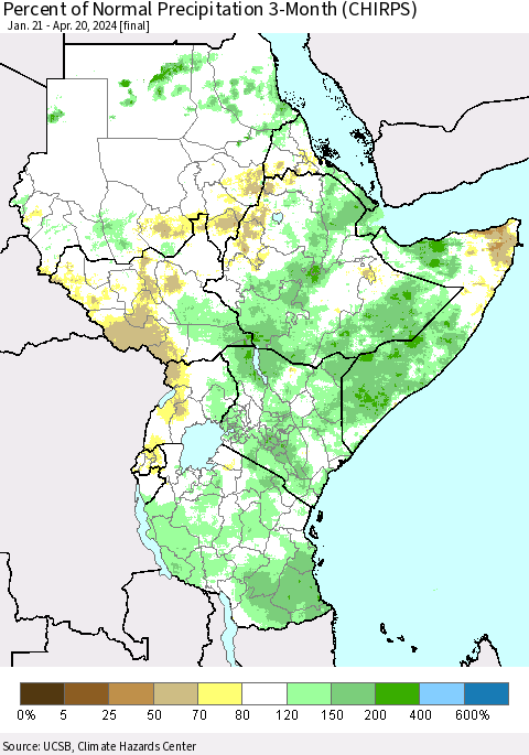 Eastern Africa Percent of Normal Precipitation 3-Month (CHIRPS) Thematic Map For 1/21/2024 - 4/20/2024
